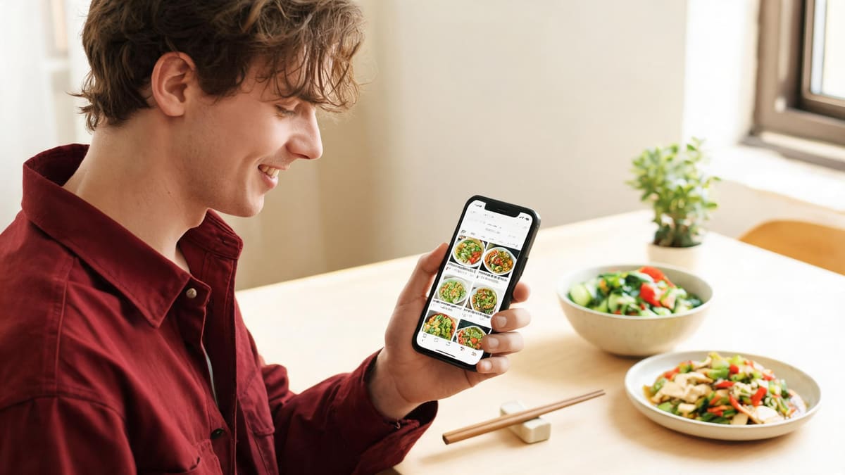 中華のデリバリーアプリで野菜料理を探す手元のスマホと、テーブルに並ぶ植物性の料理
