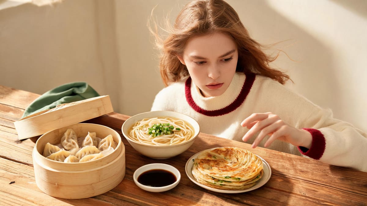 せいろに入った餃子、小麦の麺、濃口醤油の小皿、そしてネギ餅。グルテンフリーの人が気をつけたい中国の小麦食品