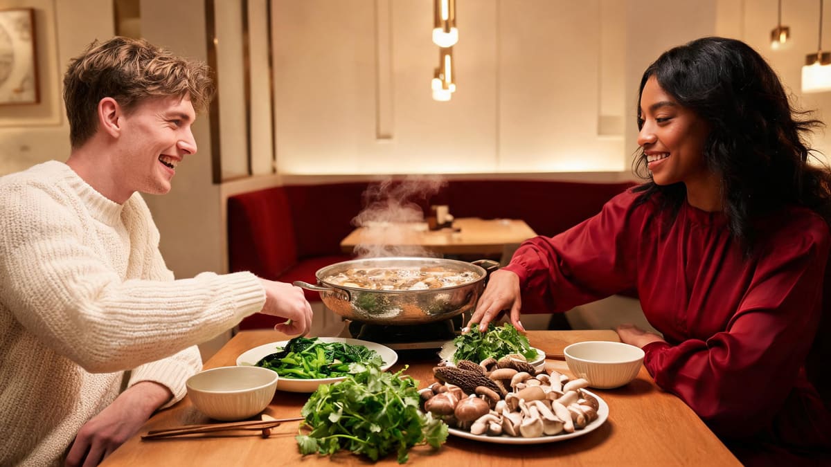 上海のレストランの、青菜、ハーブ、各種きのこの皿が並ぶ、肉なしの野生きのこ火鍋