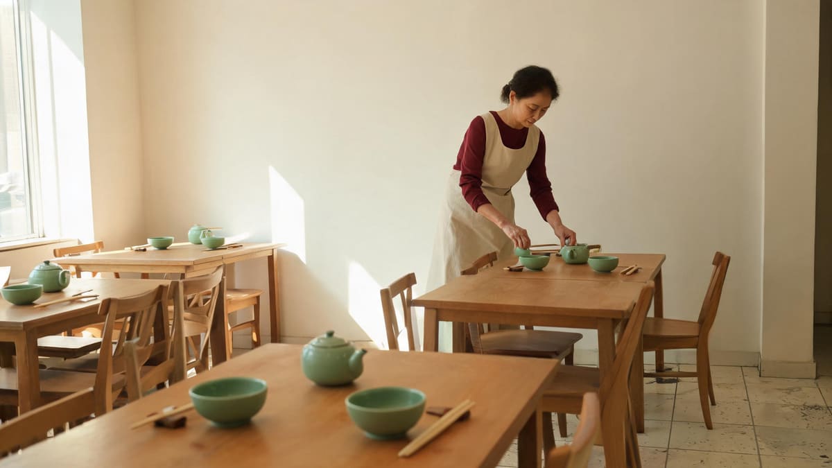 昼の支度を終えた木のテーブルが並ぶ、上海の静かな街の食堂の店内