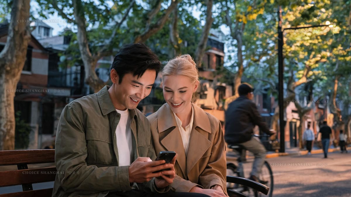A couple in their thirties share one phone on a bench under Shanghai plane trees at dusk, faces lit by the screen
