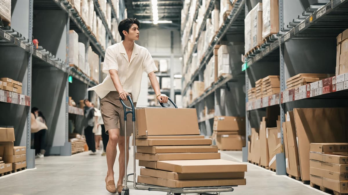 Shopper pushing a flat-pack trolley through an IKEA warehouse aisle in Shanghai