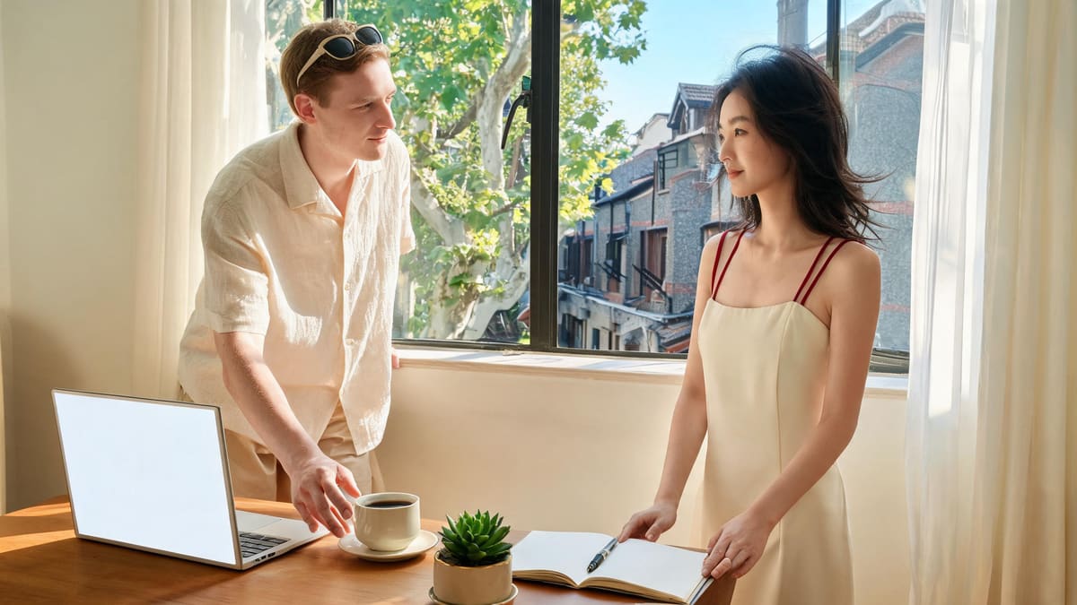 Two people working at a sunny window desk in a Shanghai apartment