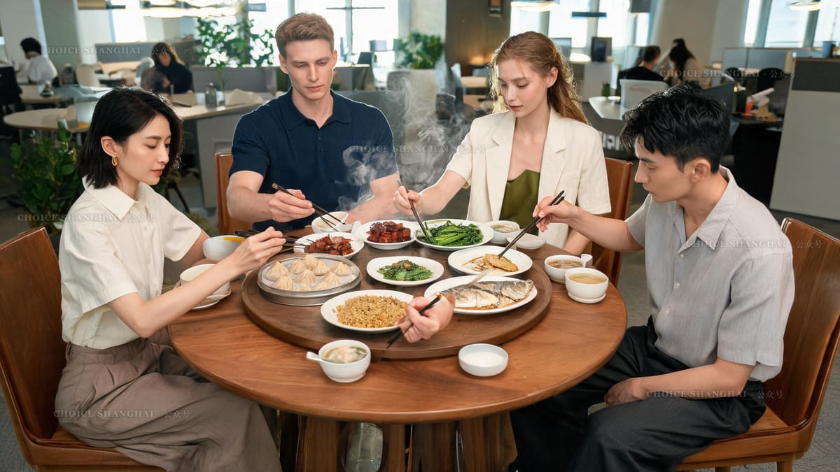 A shared team lunch with many small dishes and chopsticks reaching in, the warm communal side of a Shanghai office
