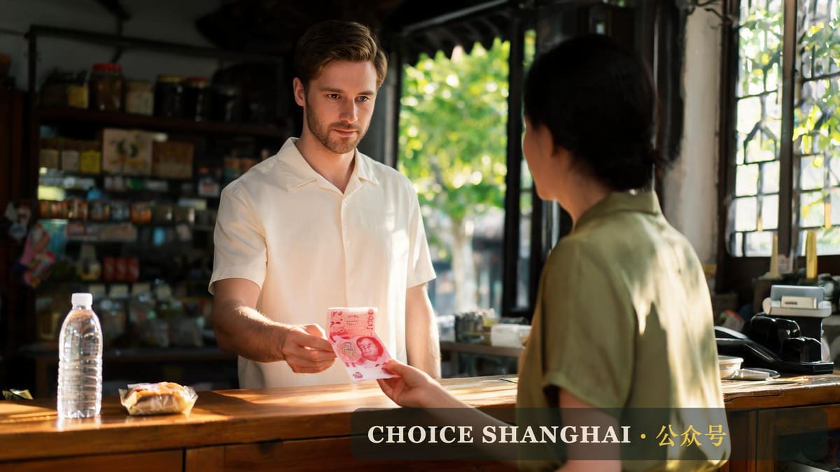 An expat pays with a red 100 yuan note at a small Shanghai shop, the cash backup for a dead phone