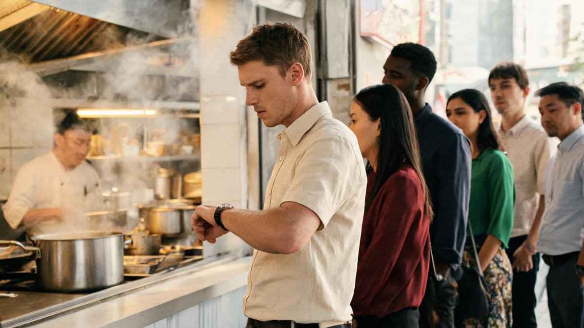 Lunchtime queue of office workers at a small Shanghai noodle counter