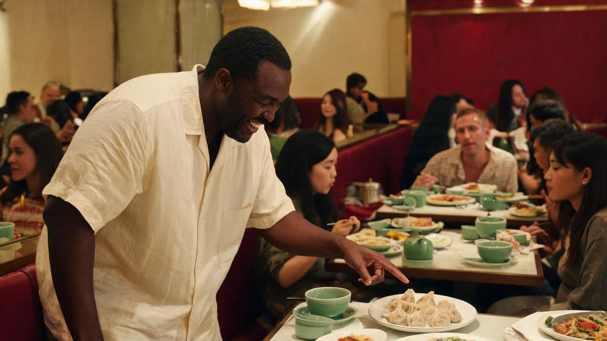 Diner pointing at a dish on the next table in a busy Shanghai restaurant