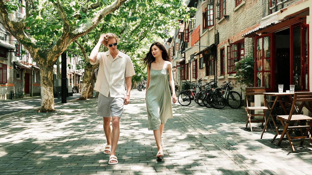 A quiet plane-tree residential lane in central Shanghai in summer