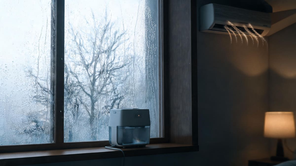 A Shanghai apartment window covered in winter condensation with a dehumidifier on the sill and a reversible air-conditioner on the wall