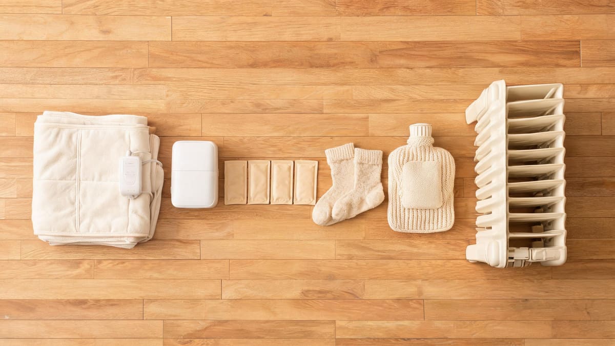 Flat-lay of a Shanghai winter survival kit: an electric mattress pad, a dehumidifier, hand warmers, wool socks, a hot-water bottle and an oil radiator