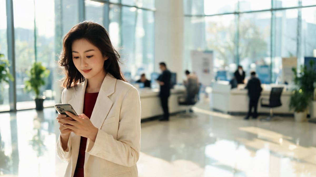 上海の行政サービスセンターでスマホの電子社会保障カードと就労許可情報を確認する女性