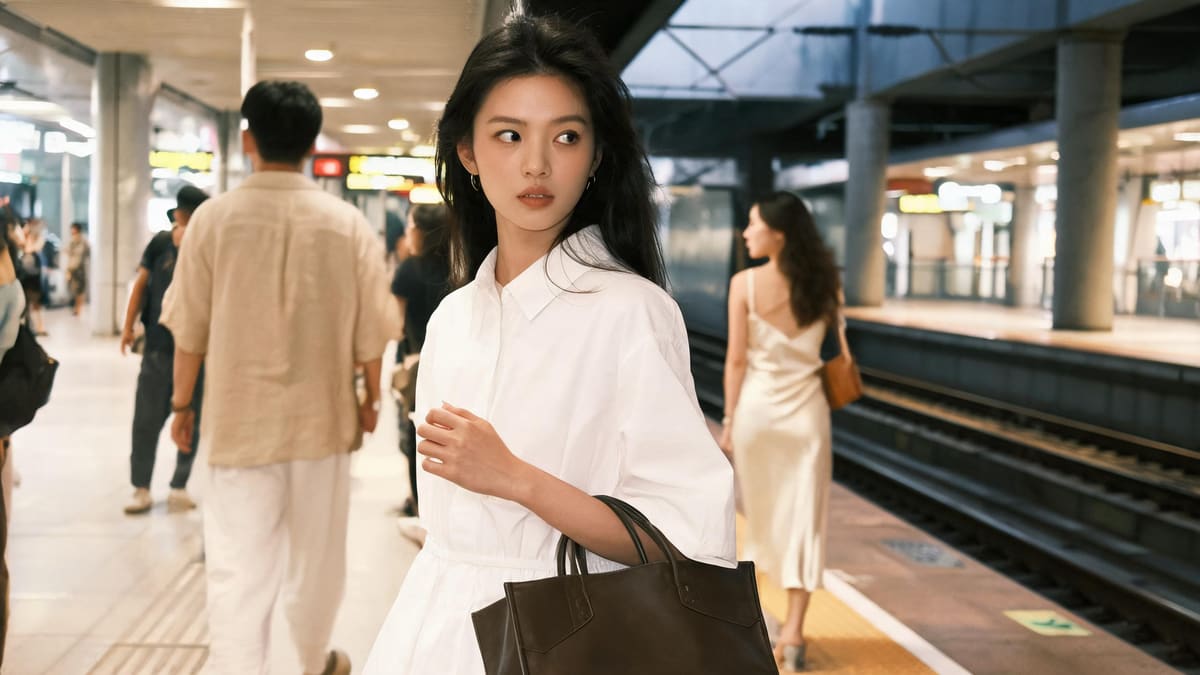 A newcomer on a busy Shanghai metro platform, curious and finding her feet