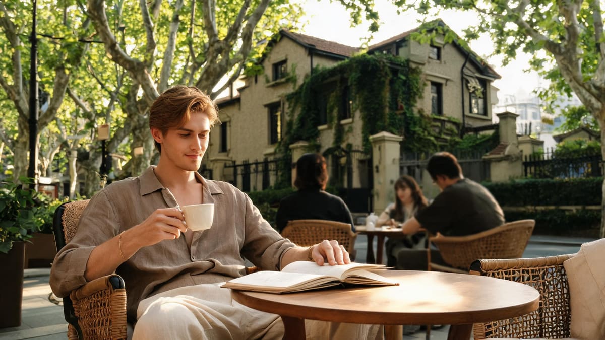 A man at ease with a coffee in his regular Shanghai neighbourhood cafe