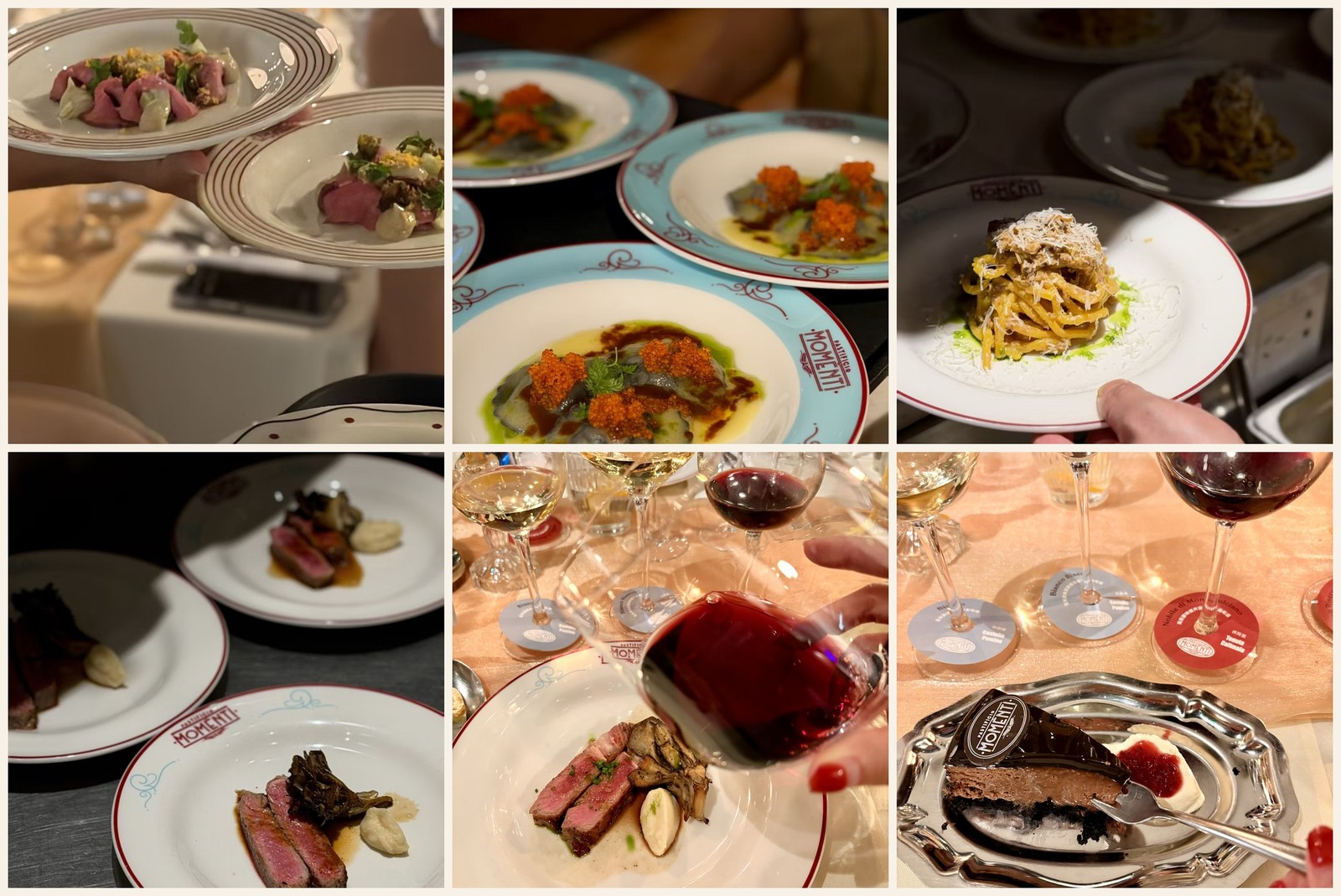A collage of Momenti dishes: beef tagliata, colourful plated antipasti, cacio e pepe, lamb, a steak with red wine, and chocolate cake