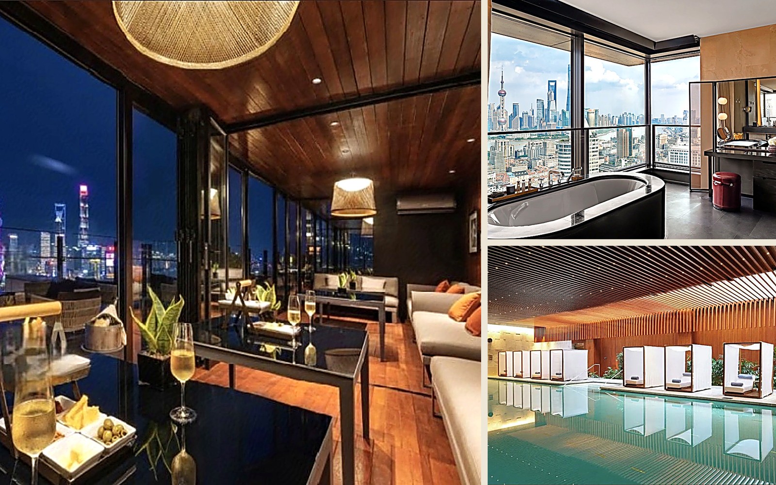 Bulgari Hotel Shanghai: a skyline-view suite at night, the freestanding tub over Pudong, and the gold spa pool