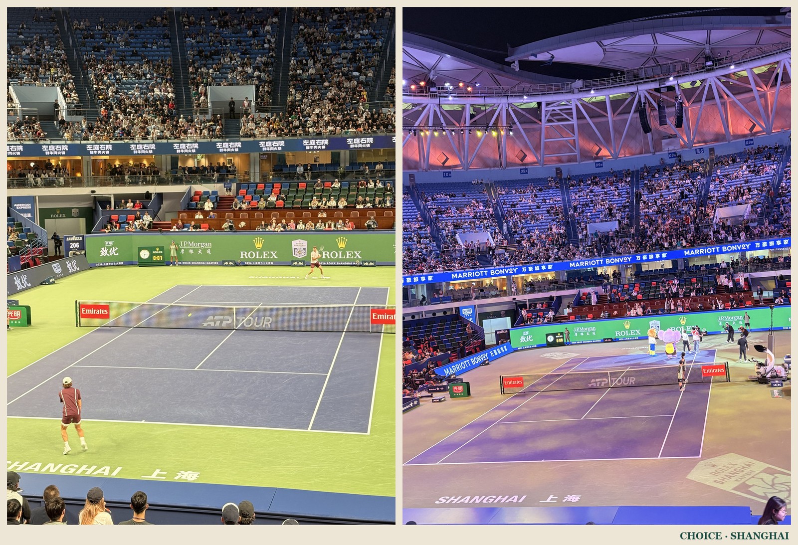Centre Court at the Shanghai Masters by day and under floodlights at night