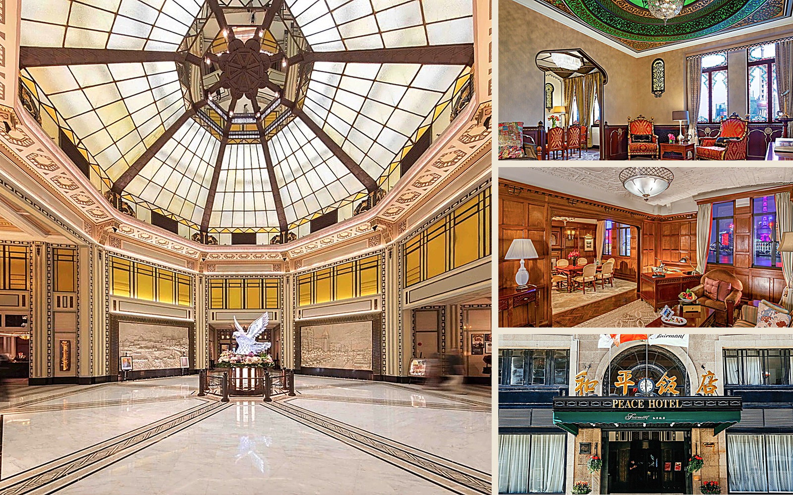 The Fairmont Peace Hotel's Art Deco octagonal lobby and stained-glass dome, a heritage suite, and the landmark green Peace Hotel sign on the Bund