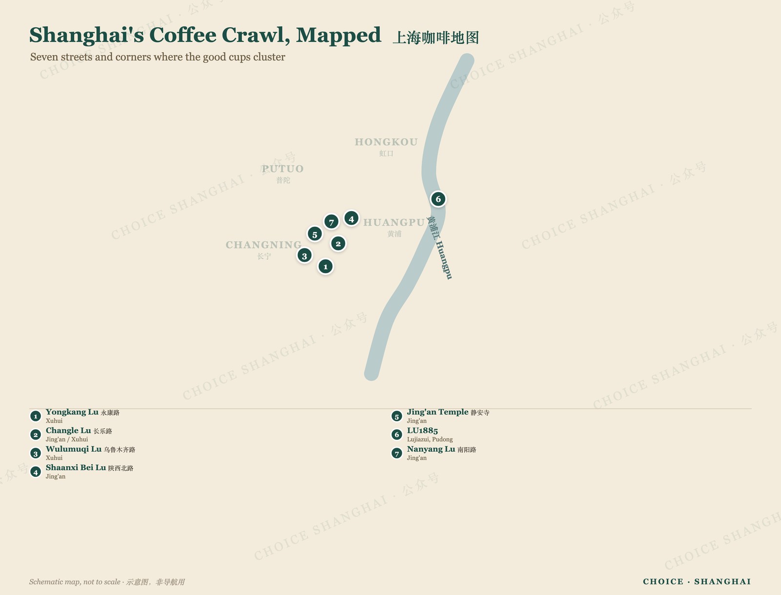 Map of a Shanghai coffee crawl, seven streets and corners