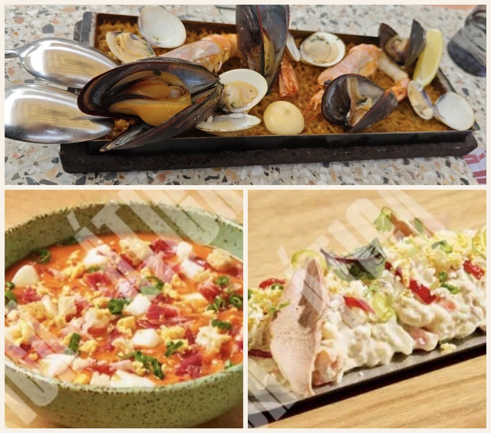 A collage of Ática dishes: a seafood paella with mussels, clams and prawns, salmorejo tomato soup, and ensaladilla rusa potato salad