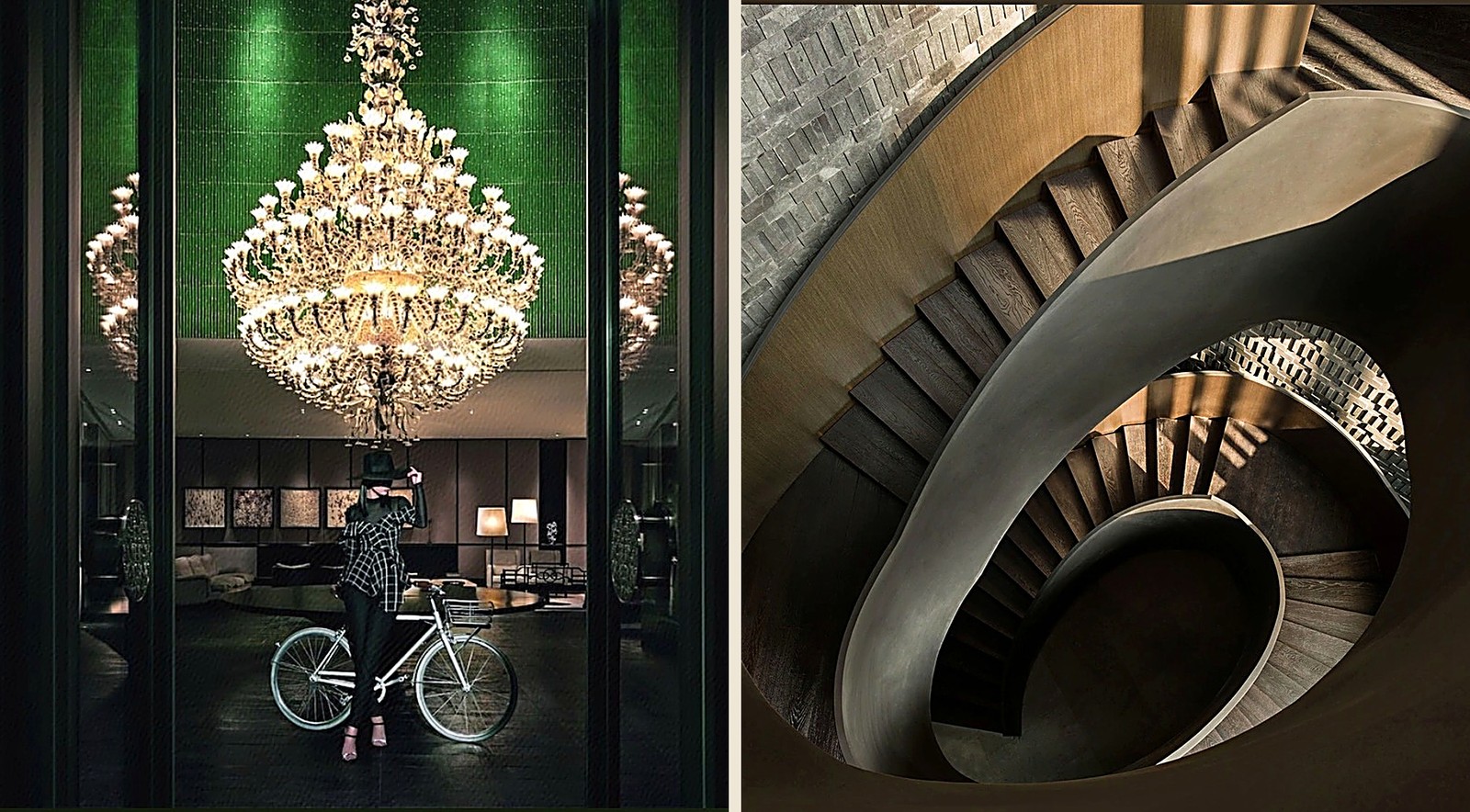 The Middle House, now Upper House Shanghai, in Jing'an: the dramatic chandelier lobby and Piero Lissoni's sculptural spiral staircase