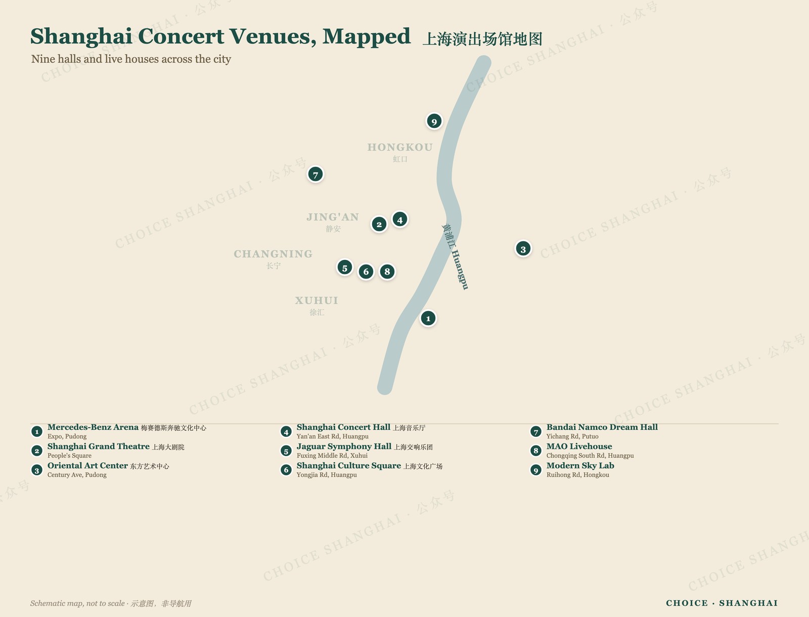 Map of concert halls and live music venues across Shanghai