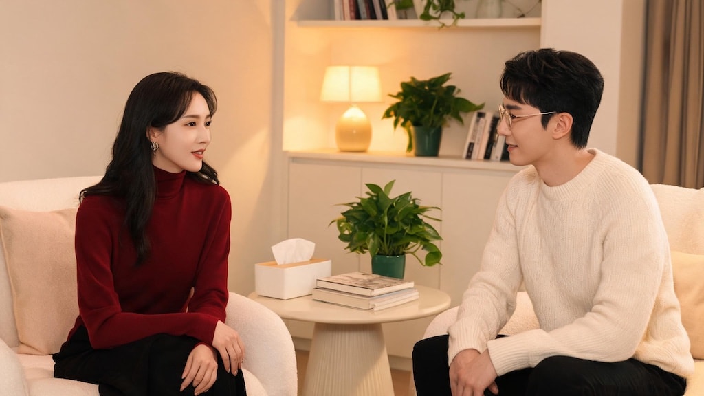 A counselor and a client in conversation during a one-on-one therapy session in a warm consultation room