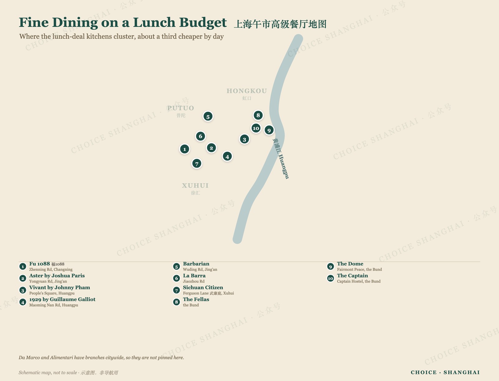 Map of Shanghai lunch-deal fine dining spots across the city
