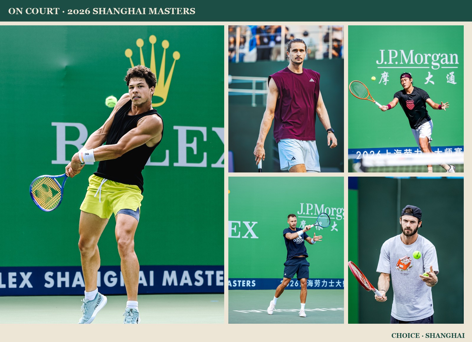 A collage of top players practising and competing at the 2026 Shanghai Masters, including Alexander Zverev