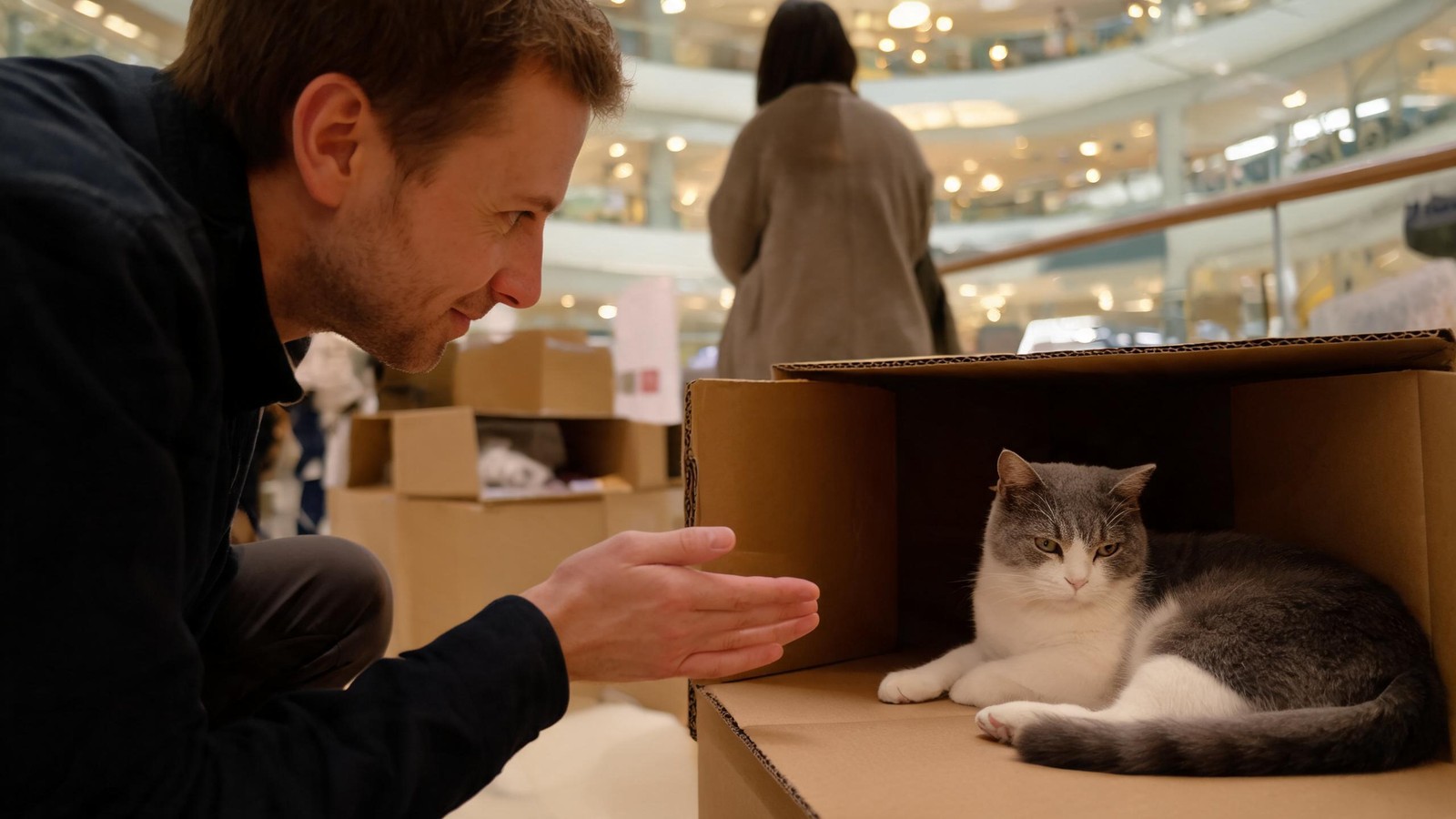 上海のショッピングモールの屋内譲渡会で、落ち着いたグレーと白の保護猫と対面する男性
