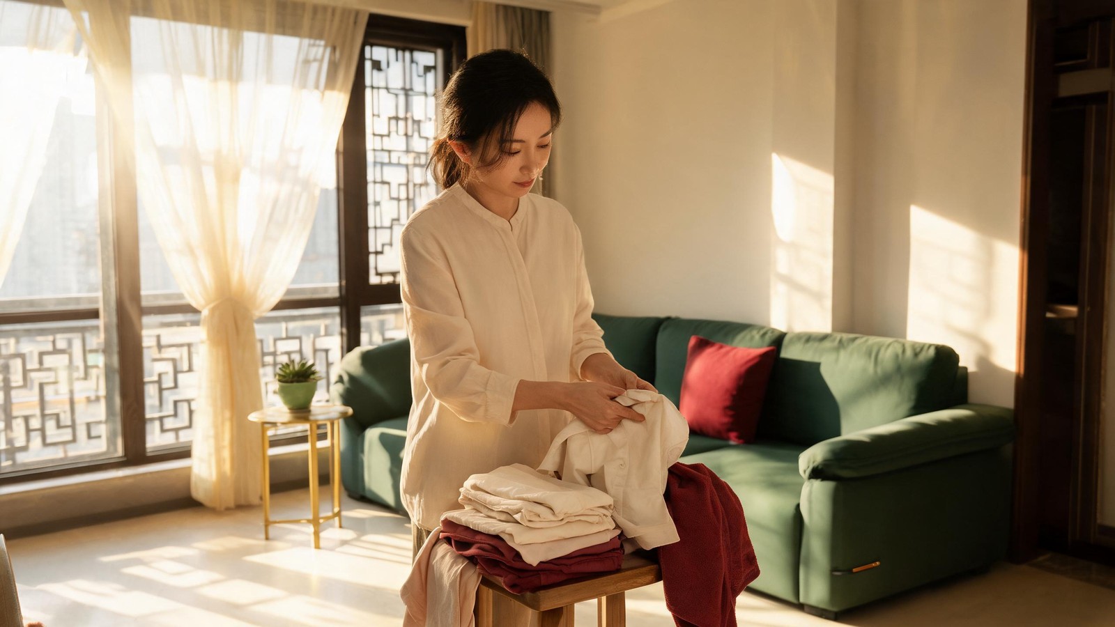 Ayi folding fresh laundry in a sunlit Shanghai living room