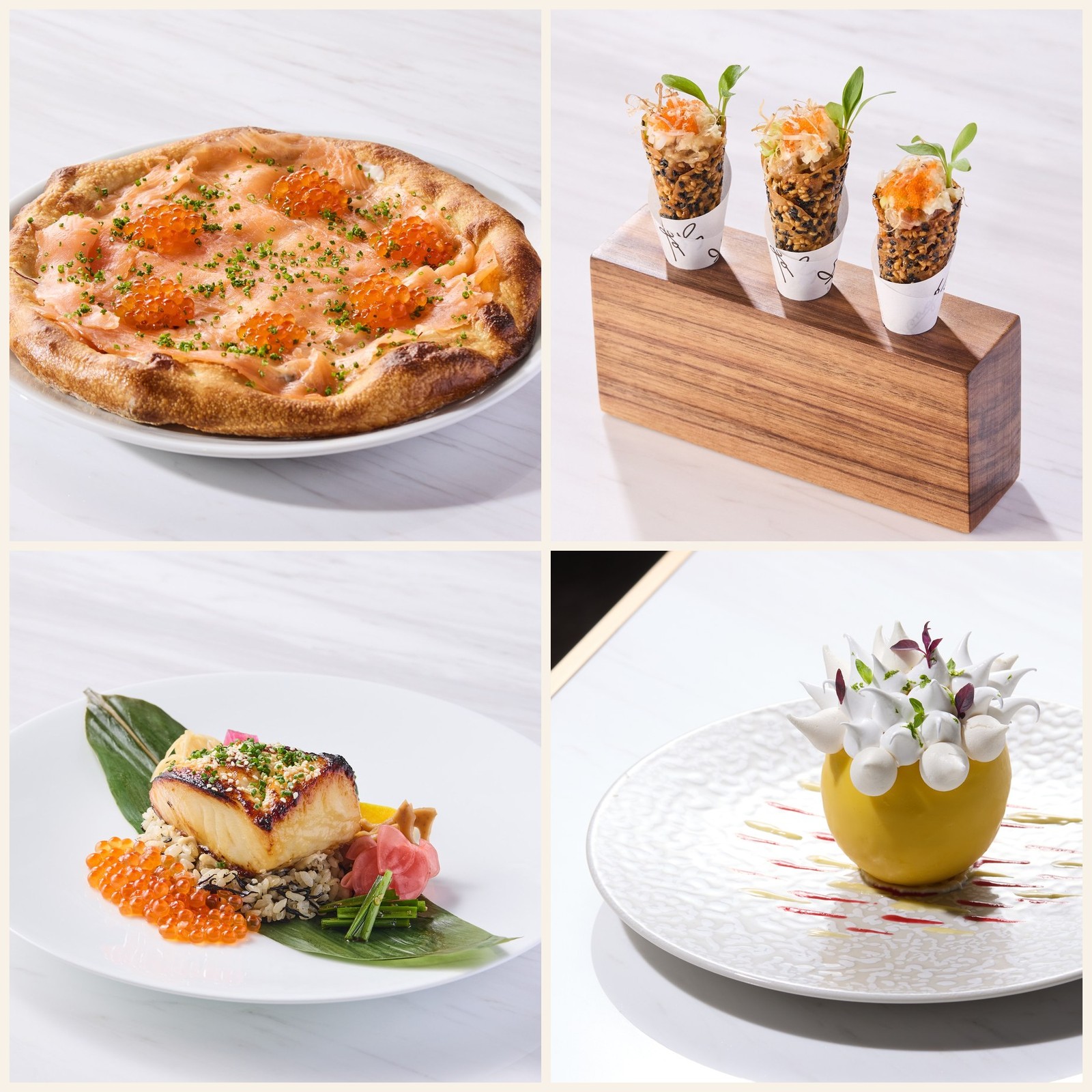 A collage of Spago dishes: smoked-salmon pizza, tuna tartare in sesame cones, miso black cod, and the spikey lemon dessert