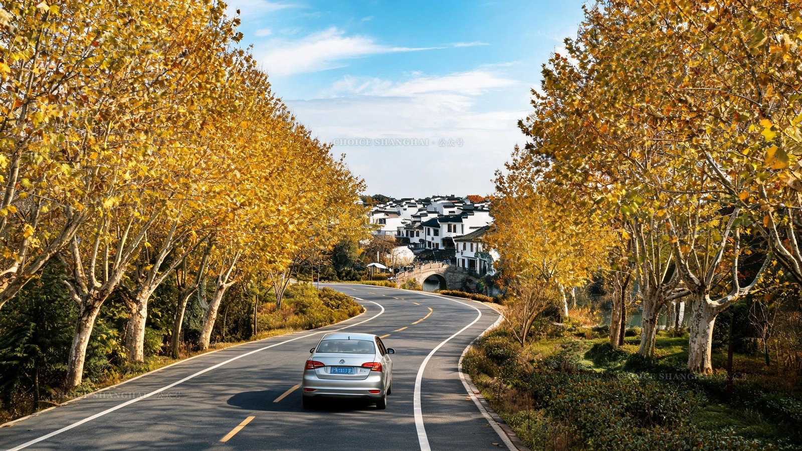 A compact car on an empty tree-lined country road winding toward a Jiangnan water town under a bright autumn sky