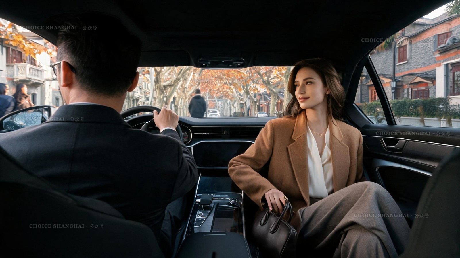 A relaxed passenger beside a professional driver in a hired car on a Shanghai plane-tree street in autumn