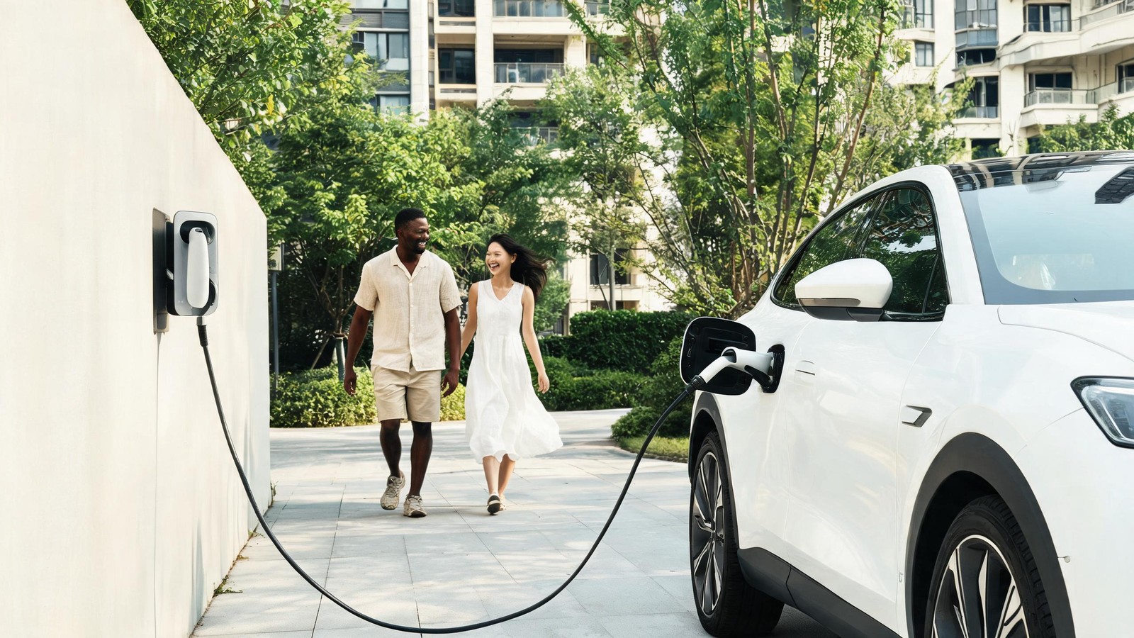 A modern electric car charging in a tree-lined Shanghai residential lot, the free green-plate route