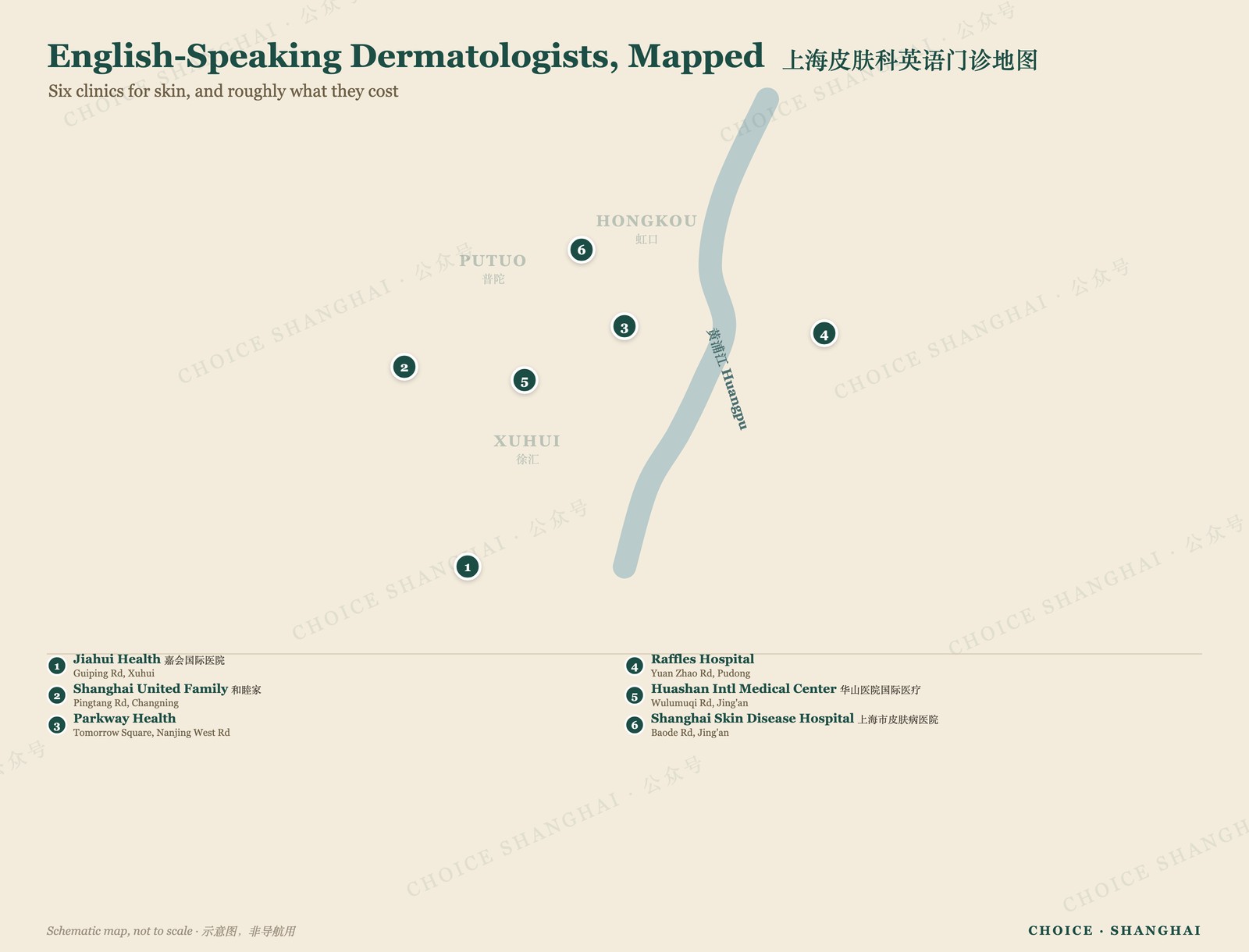 Map of English-speaking dermatology clinics across Shanghai