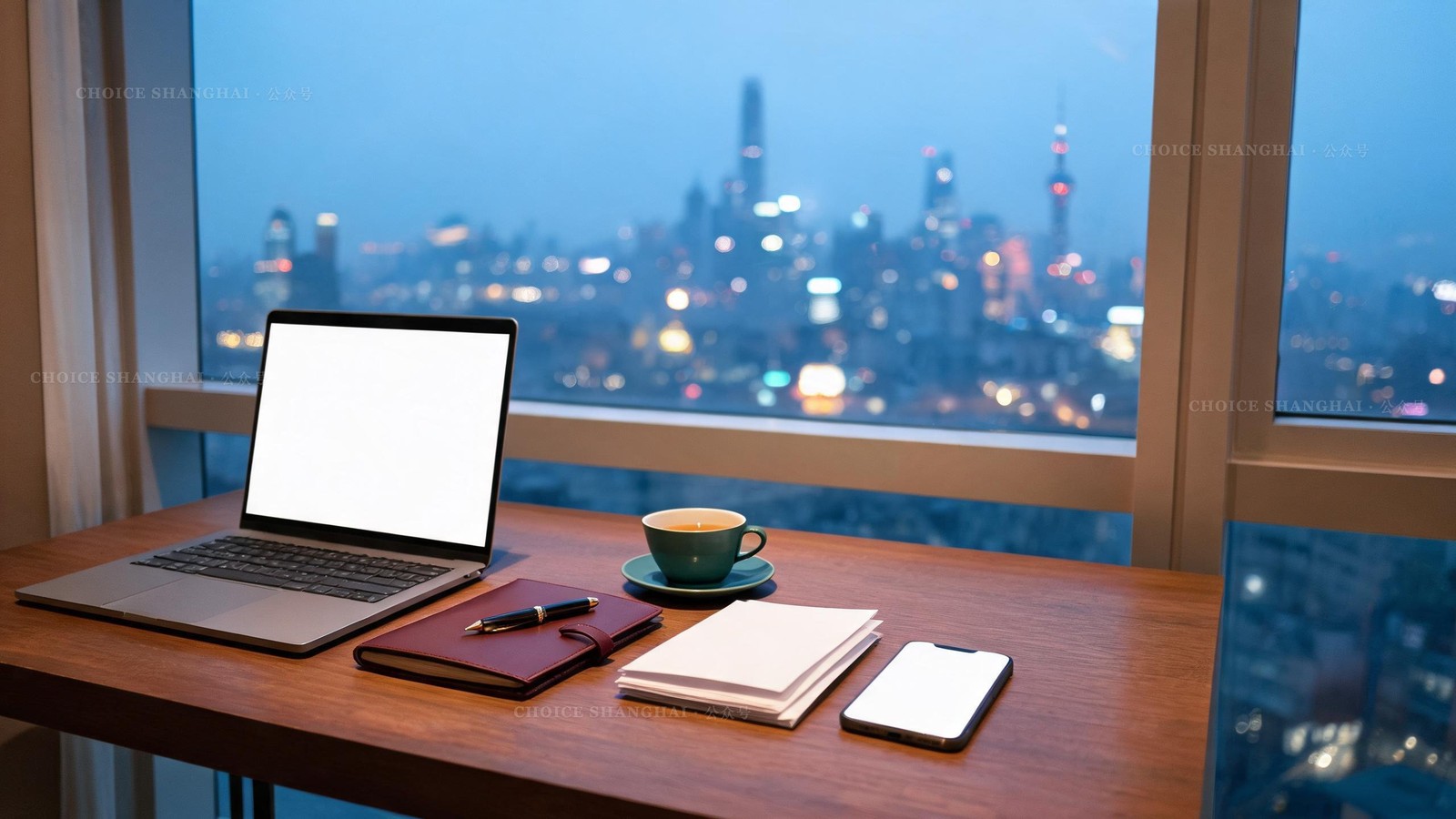 A quiet desk by a window over the Shanghai skyline at dusk, with a laptop, leather notebook, tea and contract papers