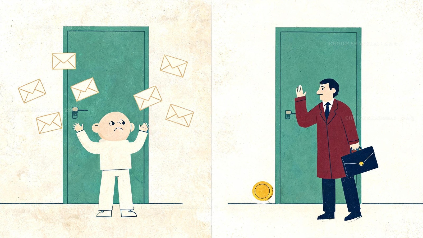 A freelancer ignored at a closed door until a chamber of commerce figure taps it and a gold coin slides out