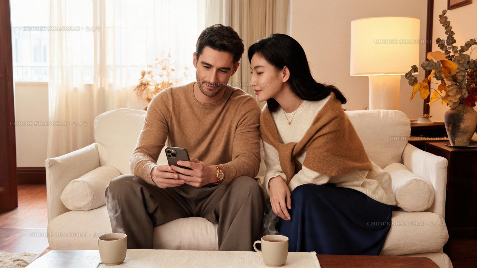 A couple at home on a sofa planning a trip on a phone over mugs of tea, warm lamplight, autumn decor
