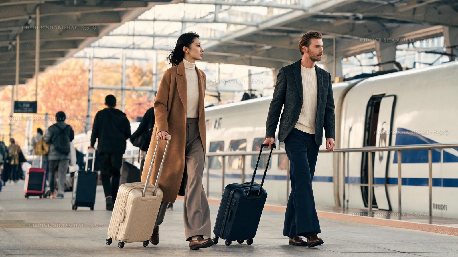 Two well-dressed travelers wheeling luggage along a Shanghai high-speed rail station beside a bullet train in autumn