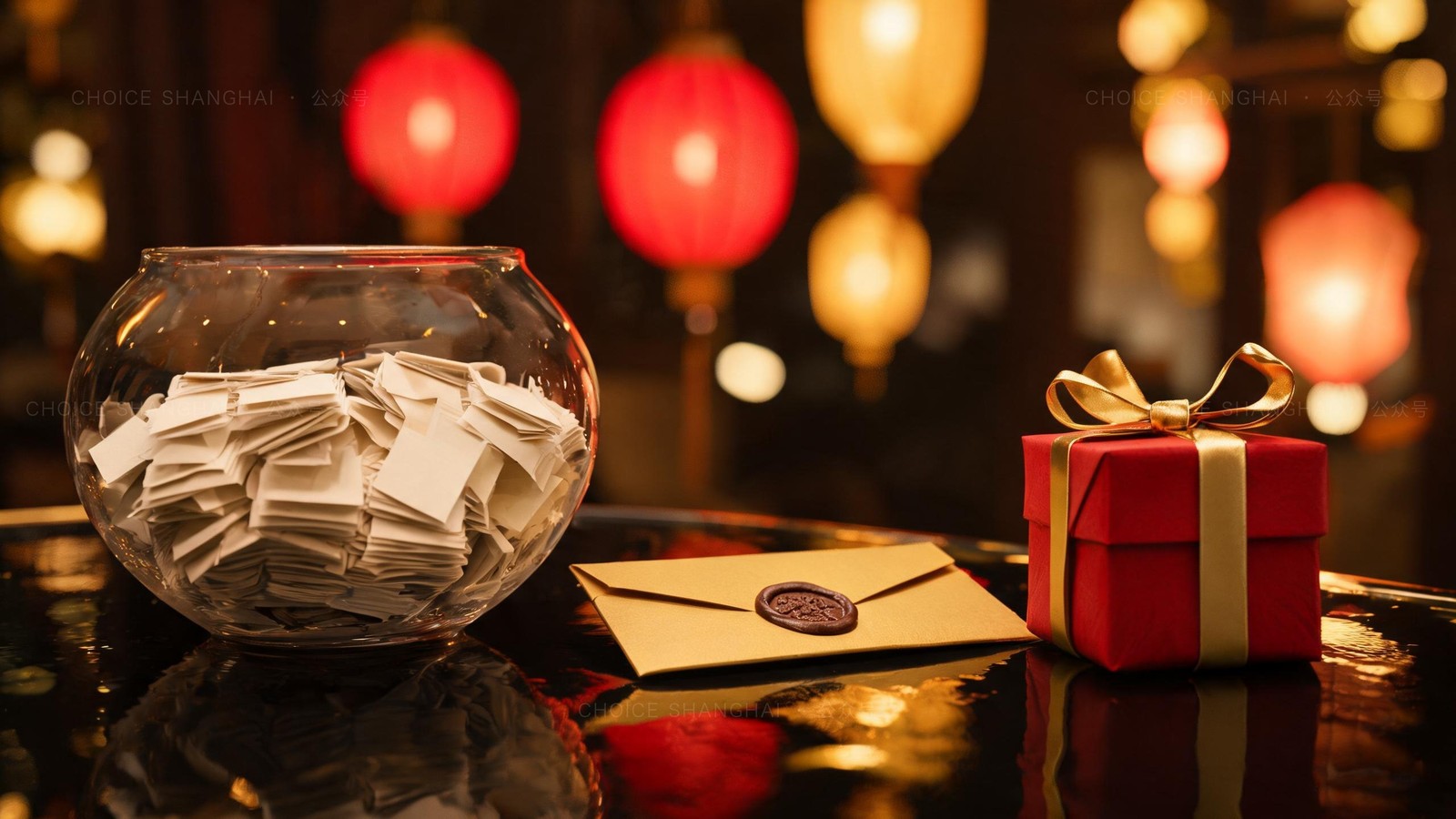 A glass fishbowl of folded lucky-draw tickets, a gold prize envelope and a red ribboned gift box on a banquet table under red lanterns