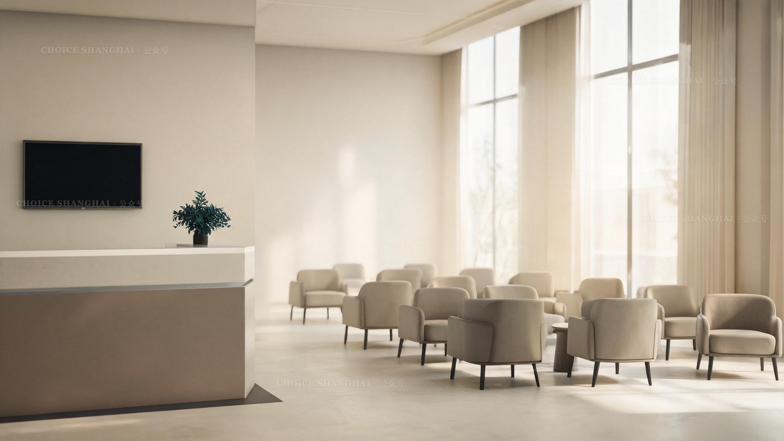A calm reception and waiting area with a service counter, display screen and neat rows of chairs for consular appointments