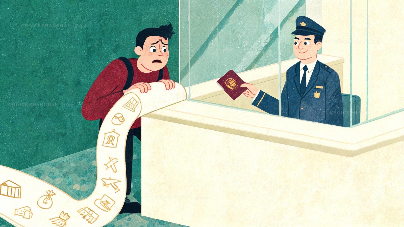 An anxious traveller unrolls a long list of demands at a consulate counter while the calm officer hands back one stamped passport