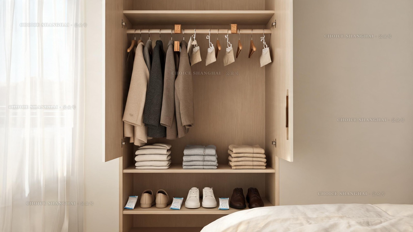 A neat wardrobe kept dry against Shanghai damp, with hanging moisture pouches between coats and desiccant packs by the shoes
