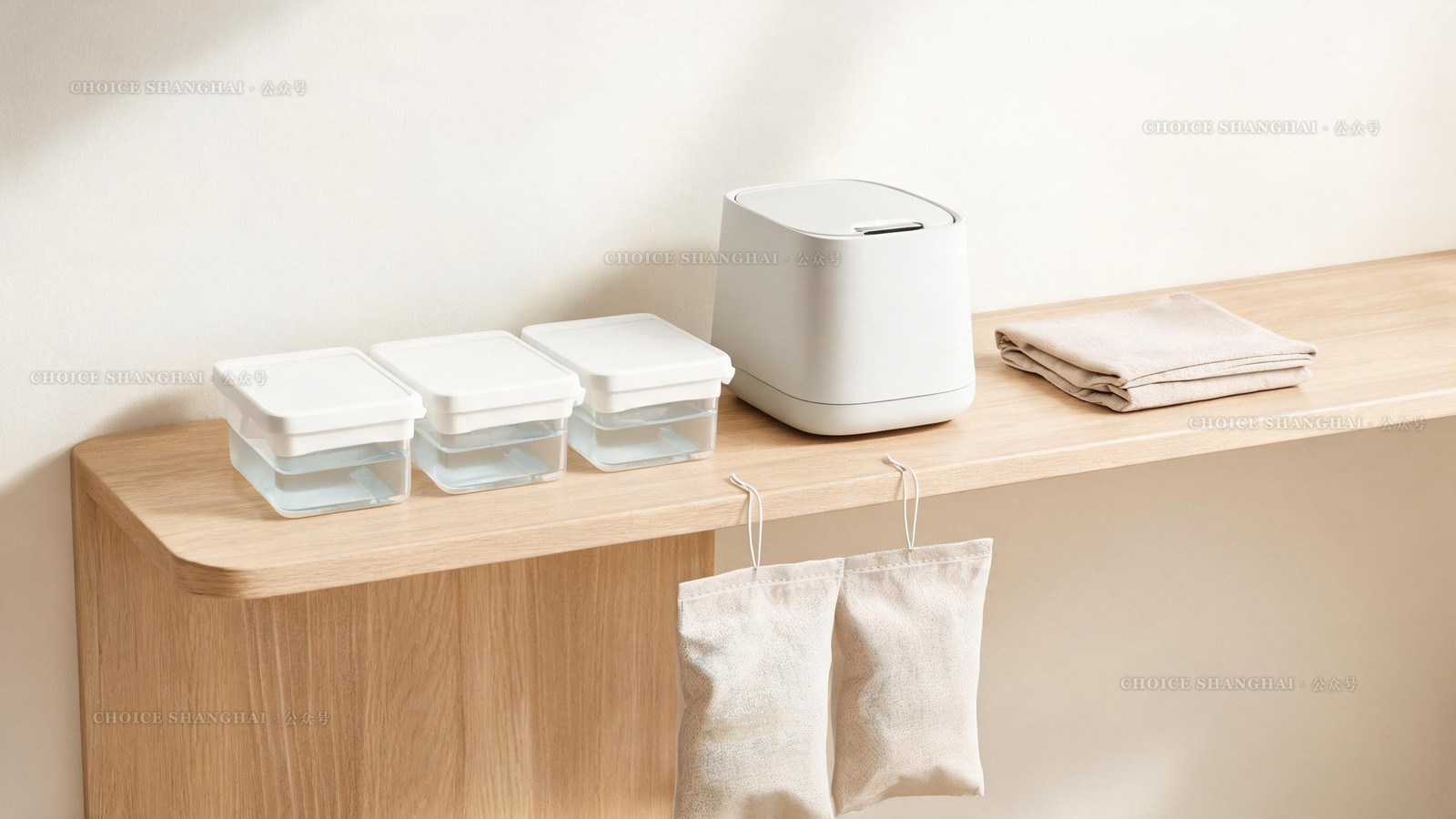 Damp-fighting kit on a shelf: moisture-absorber boxes holding collected water, a compact dehumidifier and hanging desiccant pouches