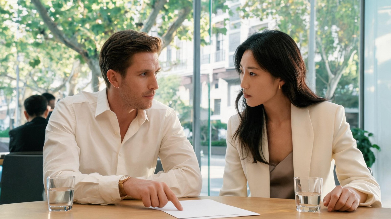 A lawyer explaining a document to a client across a table in a Shanghai office