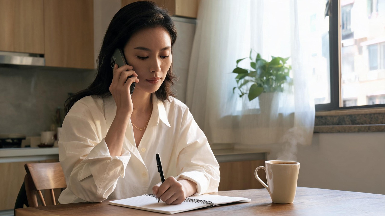 A person at home making a phone call and taking notes about a legal question in Shanghai