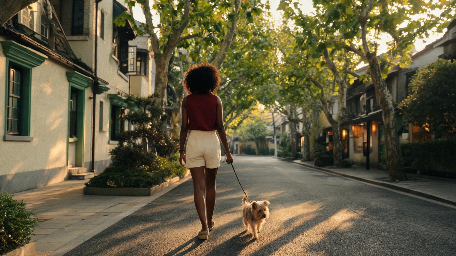 Walking a small dog along a leafy Shanghai side street at dusk