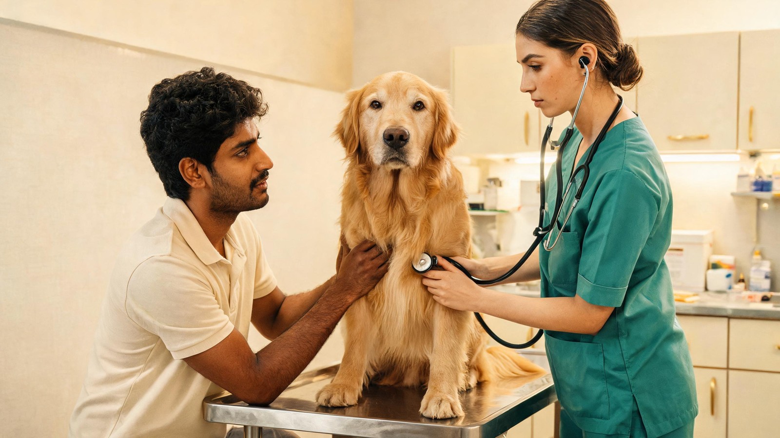 A dog being examined with a stethoscope on the table at a Shanghai vet clinic