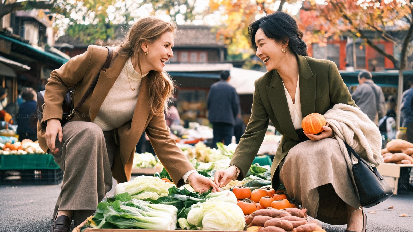 An expat and a local Shanghai friend laughing together at a neighbourhood market stall, the kind of real cross-over friendship that opens the bubble