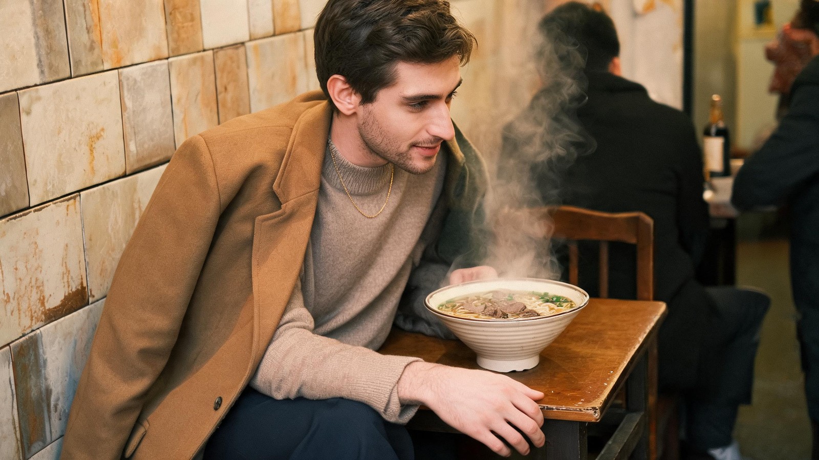 A young expat sitting alone at a small local Shanghai noodle shop with a Chinese-only menu, stepping outside the expat comfort zone, warm autumn light